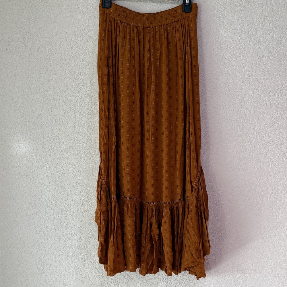 Shyanne Prairie Ruffle High Low Maxi Skirt Western Boho Button Front Brown Small - Picture 5 of 6